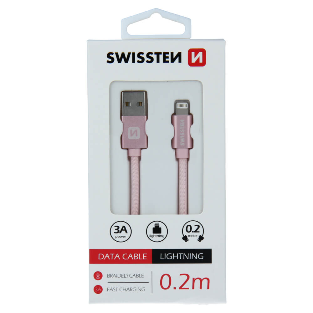 Textilný dátový kábel Swissten USB / LIGHTNING 0,2 M - ružovo - zlatý